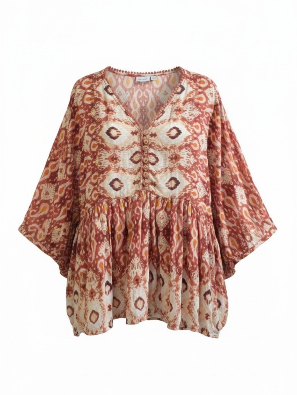 AVENUE Boho Tie-Front Peasant Tunic Top - Rust Multi